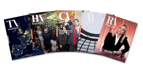 L'image présente les 5 magazines édités par Tremplin : Tremplin le Man, Highlights, Aktuelles, Claves Del Mundo, Rassegna.