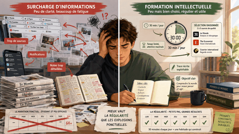 Illustration pédagogique montrant comment transformer la surcharge d’informations en formation intellectuelle grâce à une revue de presse efficace, régulière et structurée.
