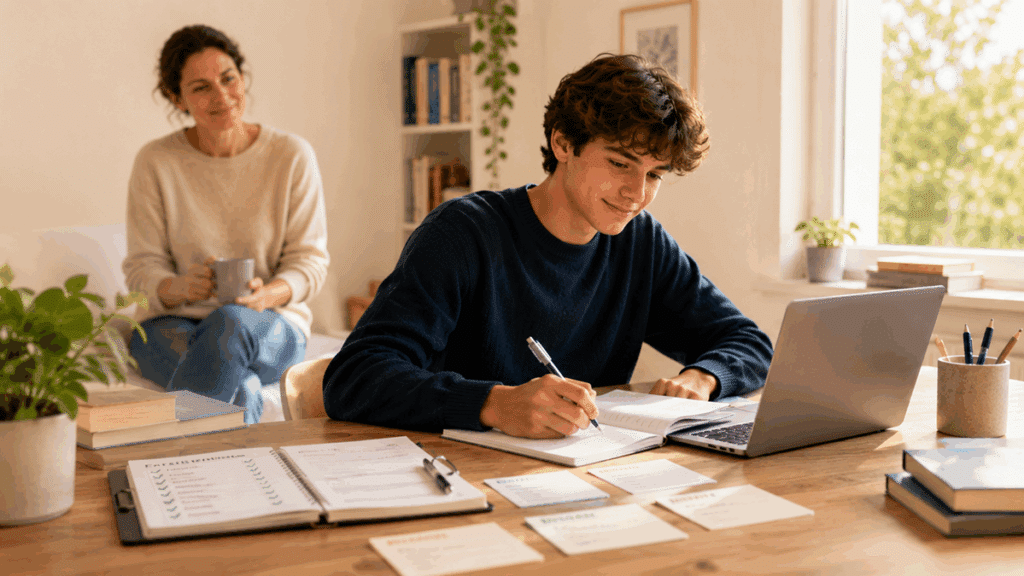 Un adolescent travaille calmement à son bureau, avec un ordinateur, un cahier et des fiches organisées devant lui, tandis qu’un parent, assis en retrait avec une tasse, l’accompagne de manière discrète et bienveillante.