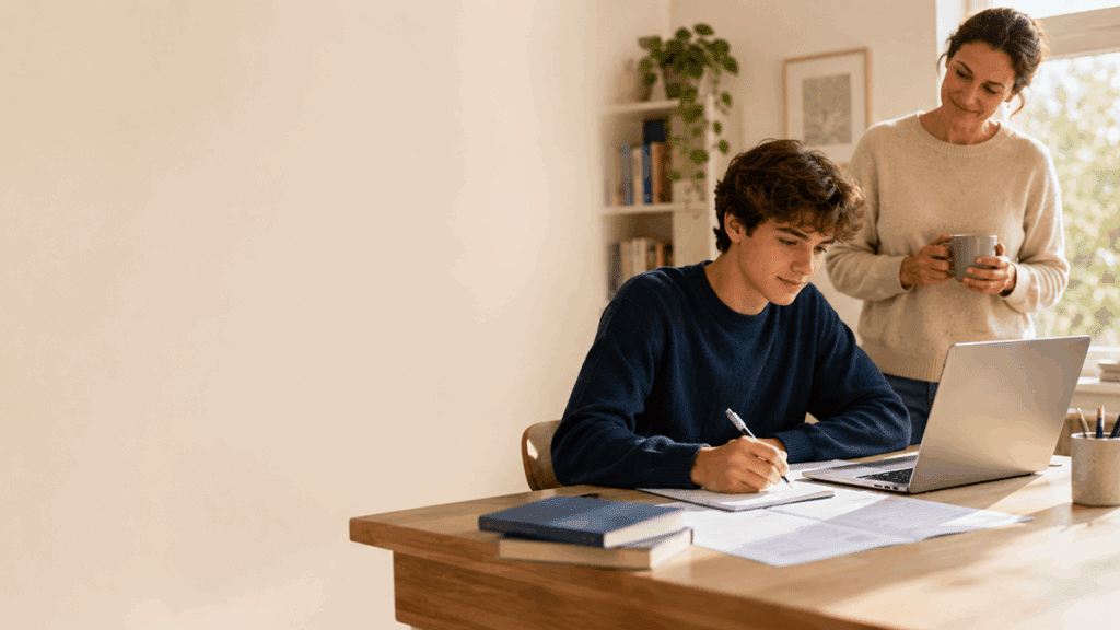 Un lycéen travaille à son bureau pendant qu’un parent l’accompagne avec une présence calme et bienveillante.