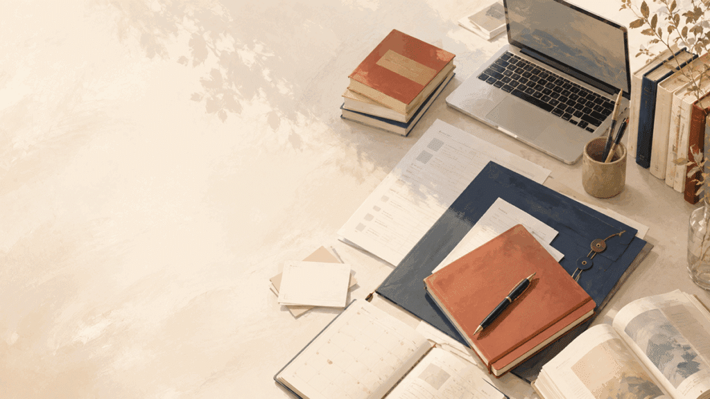 table avec cahiers, livres et ordinateur