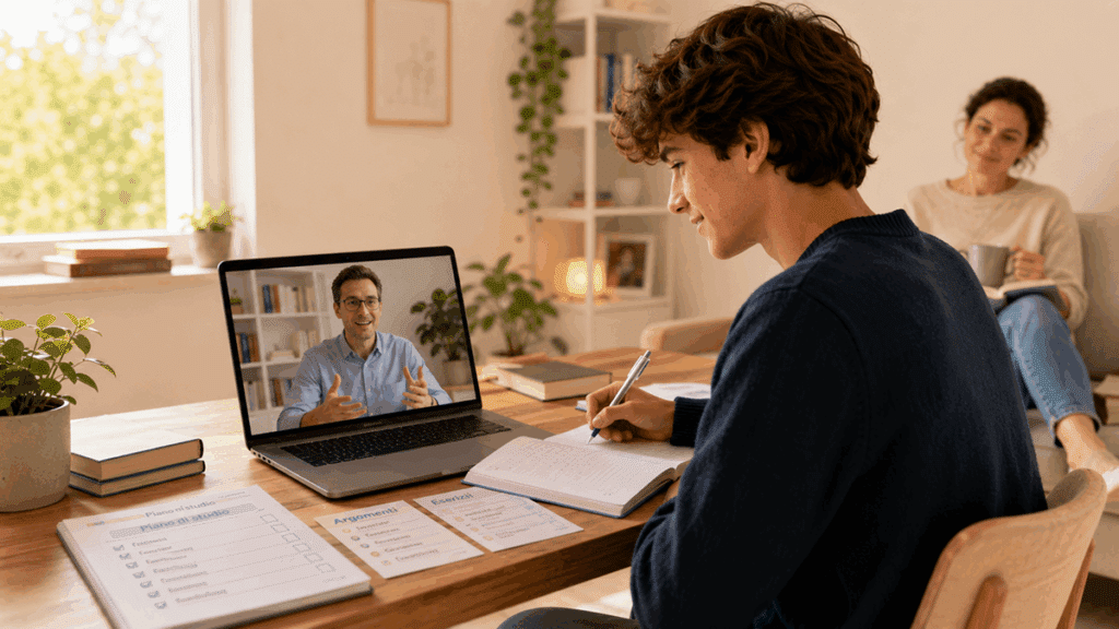 Un adolescent travaille à son bureau pendant un échange en visioconférence avec un accompagnateur pédagogique affiché sur son ordinateur, tandis qu’un parent, assis en retrait avec une tasse, reste présent de manière calme et non intrusive.