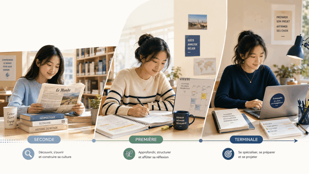 Trois lycéennes illustrant les différentes étapes de la préparation à Sciences Po, de la seconde à la terminale.