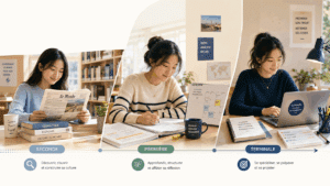 Trois lycéennes illustrant les différentes étapes de la préparation à Sciences Po, de la seconde à la terminale.