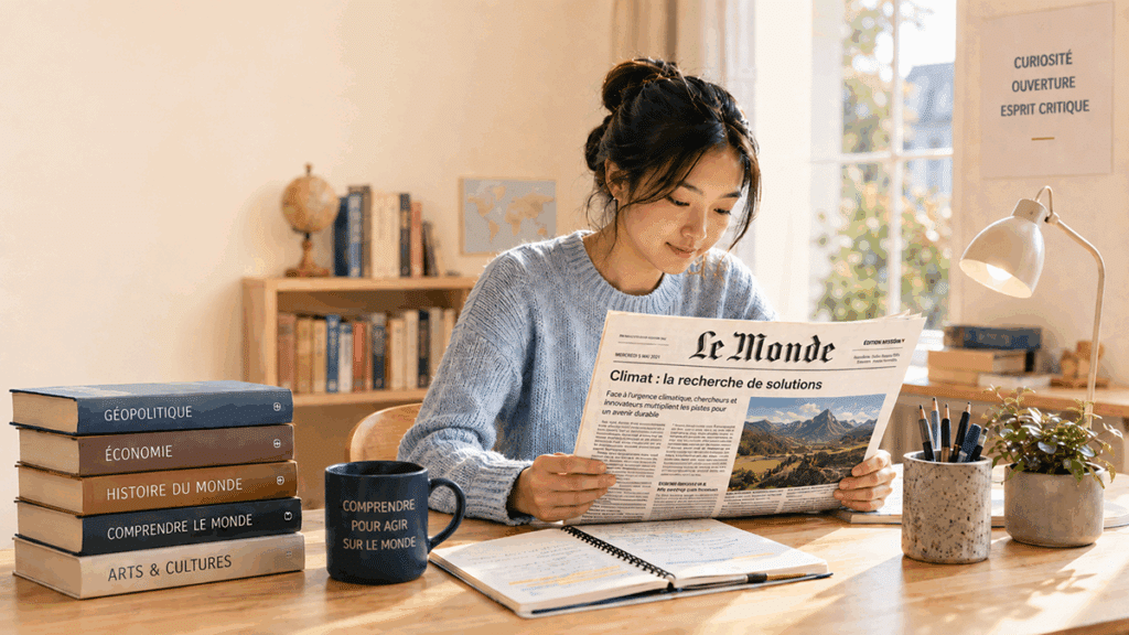 Lycéenne lisant un journal à son bureau, entourée de livres de géopolitique, d’économie et d’histoire.