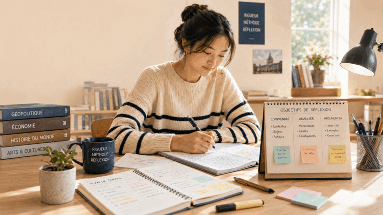 Lycéenne prenant des notes à son bureau devant un plan de travail consacré à la compréhension, à l’analyse et à l’argumentation.