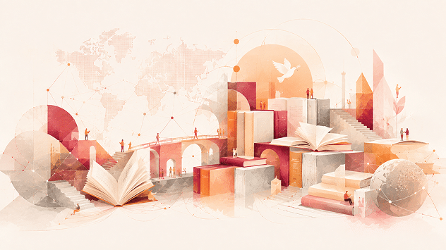 Illustration abstraite en tons beige, orange et rose représentant des livres ouverts et empilés intégrés à un paysage géométrique, reliés par des passerelles et un réseau mondial, pour évoquer les lectures et ressources consacrées au thème de la paix.