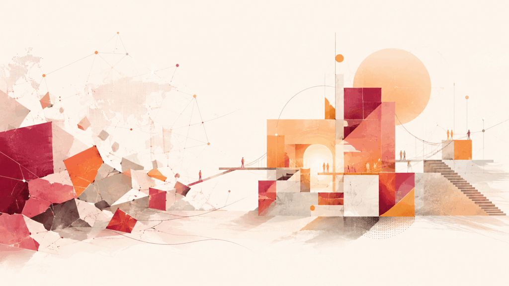 Illustration abstraite dans des tons rose, orange et beige représentant un passage de la fragmentation vers une construction harmonieuse, avec des formes géométriques, quelques silhouettes humaines, des ponts et un réseau évoquant la coopération et la construction de la paix.