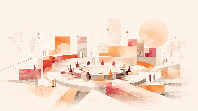 Illustration abstraite montrant plusieurs silhouettes assises autour d’un espace circulaire central, entourées de formes géométriques dans des tons chauds, pour symboliser la discussion, la négociation et la recherche d’un accord.