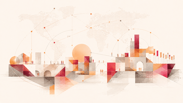 Illustration abstraite en tons rose, orange et beige montrant des formes architecturales, une balance, quelques silhouettes humaines et des éléments visuels évoquant les archives, pour symboliser le lien entre paix, justice et mémoire des conflits.
