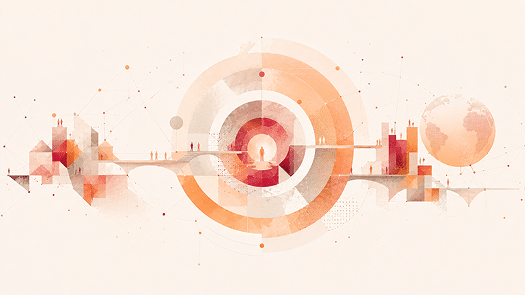Illustration abstraite en tons beige, orange et rose montrant un centre composé de cercles concentriques reliés à des formes géométriques, des silhouettes humaines et un globe, évoquant la construction collective de la paix à l’échelle mondiale.