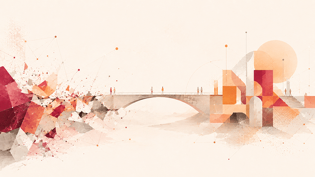Illustration abstraite représentant un pont reliant, d’un côté, une masse fragmentée de formes géométriques rouges et orangées, et de l’autre, une structure architecturale plus stable, symbolisant le passage du conflit vers l’apaisement.