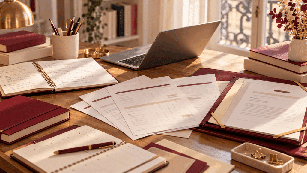 Bureau avec bulletins scolaires, dossier, carnet de notes et ordinateur illustrant l’étude du parcours académique pour Sciences Po.