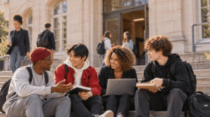 Étudiants échangeant sur un campus autour de leurs études et de leurs activités extrascolaires.