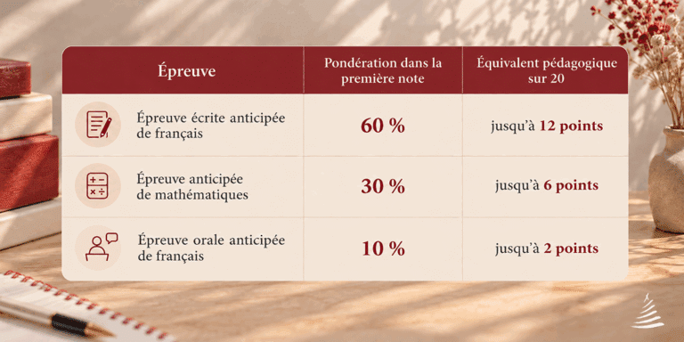 Tableau présentant la pondération de la première note Sciences Po 2027 : français écrit 60 %, mathématiques 30 % et français oral 10 %.