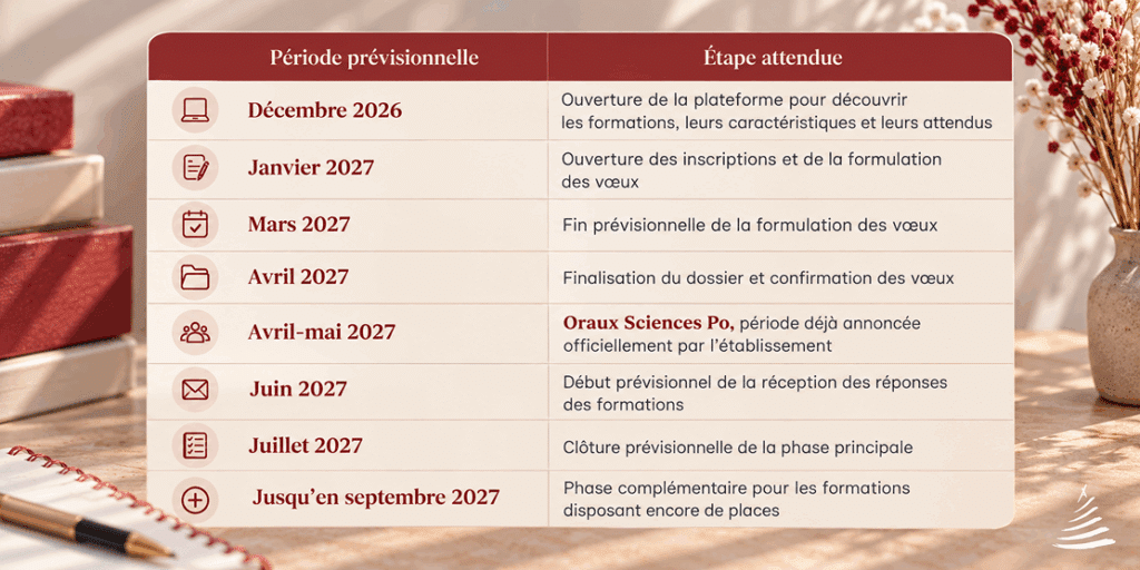 Calendrier prévisionnel de l’admission Sciences Po 2027 : ouverture de Parcoursup en décembre 2026, candidatures dès janvier, oraux en avril-mai et réponses à partir de juin.
