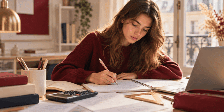 Lycéenne travaillant des exercices de mathématiques avec cahier, calculatrice et ordinateur.